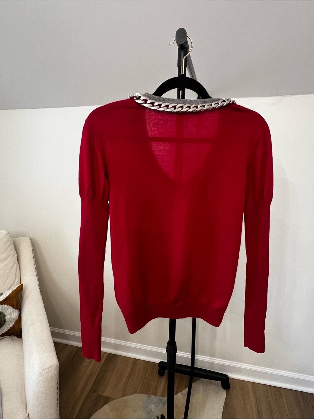 Moschino Red Crewneck Sweater with Silver Chain Trim - Picture 3 of 5